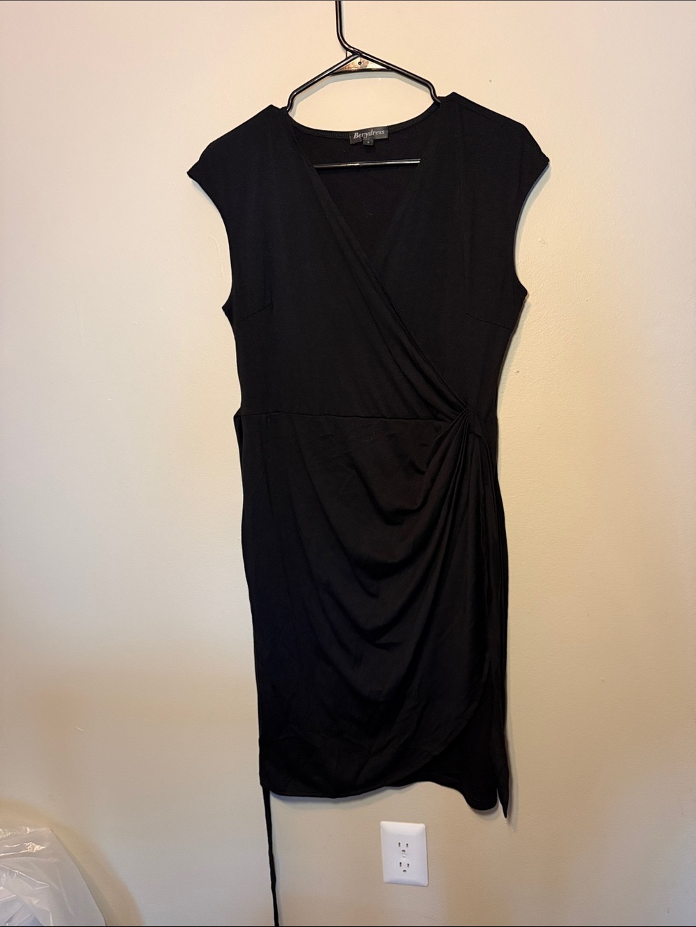 Black Cap-Sleeve Wrap Midi Dress with Side Knot